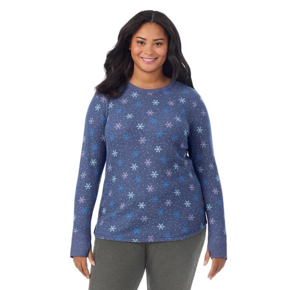 Cuddl Duds Warm Layer Waffle Knit Long Sleeve Crew Blue Snowflake Size 1X LNWT